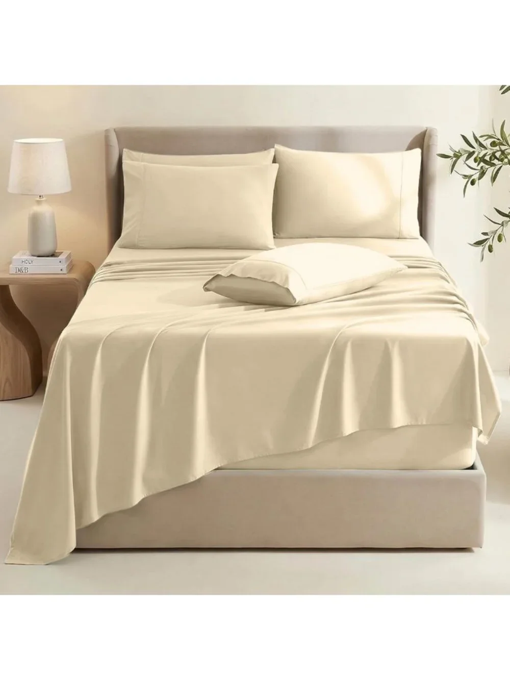 Queen Size Bed Linen Set - 6 Piece, Extra Deep Pocket, Cream Microfiber Bedding